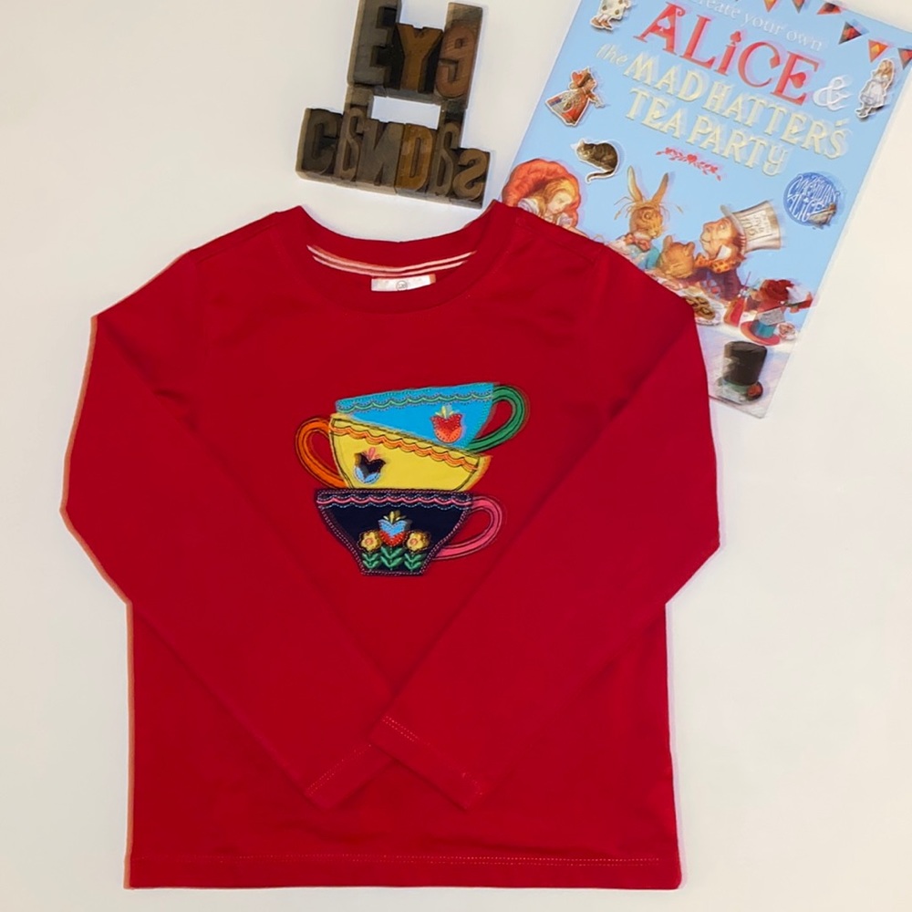 HANNA ANDERSSON Girl’s Appliqué Teacup☕️ Long Sleeve Tee in Red